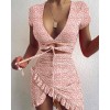 Floral Print Fashion Tie Up Wrap Dress Summer Holiday Ruffles Sundress Ruched Women's Dress 