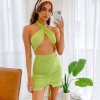 Drawstring Ruched Sexy Cross Halter Backless Dress Night Club Party Outfit 