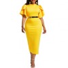 Sexy Women Solid Color O Neck Short Flared Sleeve Bodycon Banquet Midi Dress