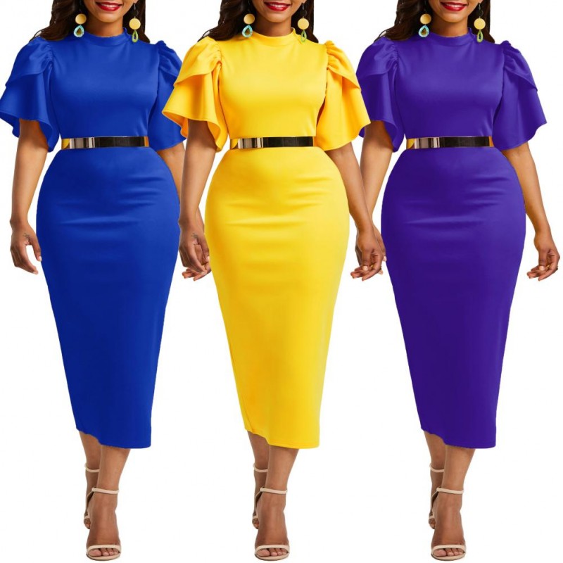 Sexy Women Solid Color O Neck Short Flared Sleeve Bodycon Banquet Midi Dress