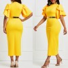 Sexy Women Solid Color O Neck Short Flared Sleeve Bodycon Banquet Midi Dress