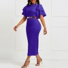 Sexy Women Solid Color O Neck Short Flared Sleeve Bodycon Banquet Midi Dress