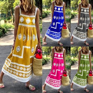 Women  Summer Sleeveless Rhombus Print Beach Long Sling Dress