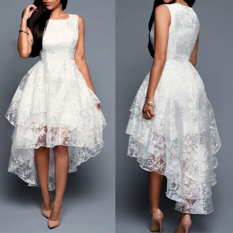 Elegant Women Sleeveless O Neck Lace Irregular Hem 3 Layers Cocktail Party Gown  Wedding Elegant  dress