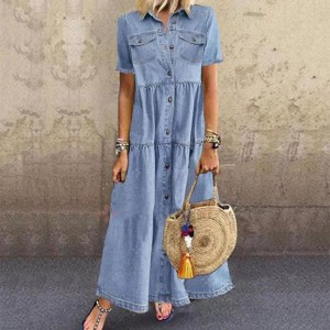 Plus Size 3xl Women Summer Denim Dress Retro Women Short Sleeve Long Loose Denim Dress