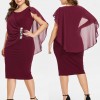 Women Plus Size Cape O-Neck Chiffon Patchwork Double Layer Casual Loose Lady Office Party Dress
