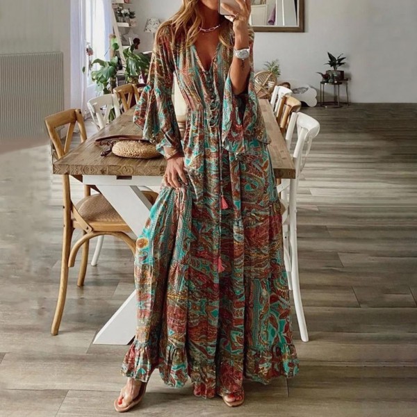  Boho Dress Long Dress Women Casual Dress V-Neck Floral Print   Party Elegant Sundress 