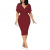 Summer  Office Lady Fashion Solid Color V Neck Short  Sleeve  Bodycon Midi Dress