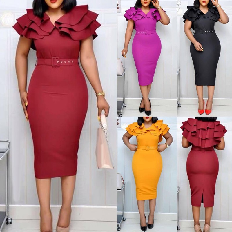 Summer  Office Lady Fashion Solid Color V Neck Short  Sleeve  Bodycon Midi Dress