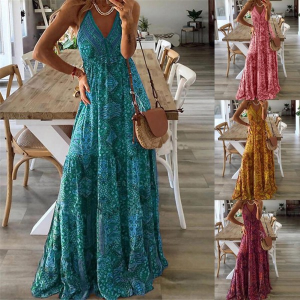 Womens Vintage Boho Long Dress Ladies Loose Dress Casual Ethnic Style Print Deep V Neck Sexy Dress 