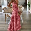 Womens Vintage Boho Long Dress Ladies Loose Dress Casual Ethnic Style Print Deep V Neck Sexy Dress 