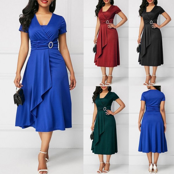 Plus Size Women Short Sleeve V Neck Asymmetric Hem Waist Tight Midi Party DressSummer Women Club Dress 