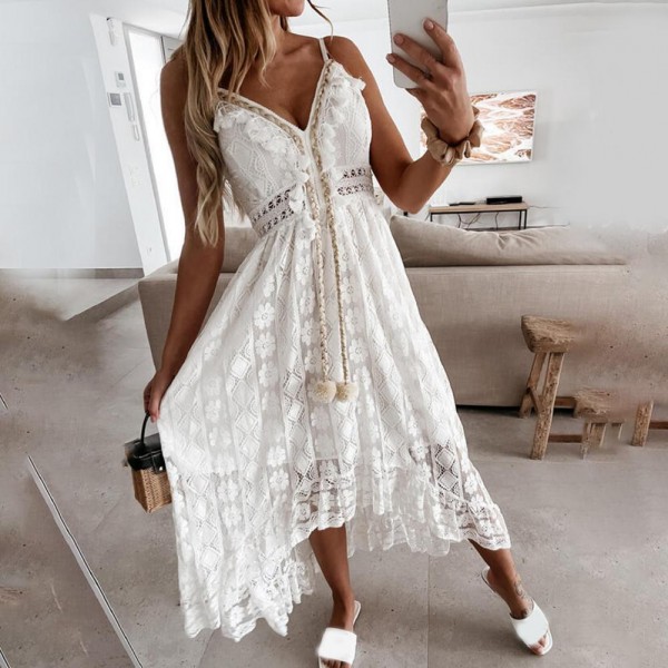 Loose Maxi Dress Summer Sexy Hollow Out Lace Women  Dress for Dating Party Dresses Vestidos 