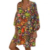 Woman Fashion Dress Beach Women Casual Colorful Flower Long Puff Sleeve V Neck Loose Mini Dress 