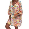 Woman Fashion Dress Beach Women Casual Colorful Flower Long Puff Sleeve V Neck Loose Mini Dress 