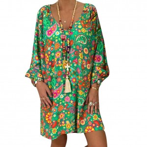 Woman Fashion Dress Beach Women Casual Colorful Flower Long Puff Sleeve V Neck Loose Mini Dress 