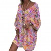 Woman Fashion Dress Beach Women Casual Colorful Flower Long Puff Sleeve V Neck Loose Mini Dress 