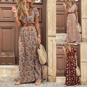 Boho  Dress Paisley Print Large Hem Short Sleeve Slit Hem Maxi Dress with Belt for Work Women clothing 