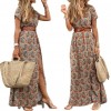 Boho  Dress Paisley Print Large Hem Short Sleeve Slit Hem Maxi Dress with Belt for Work Women clothing 