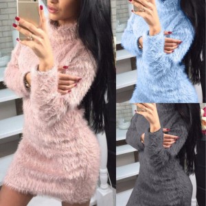 Women Autumn Winter Solid Color Sexy Turtleneck Sweaters Long Sleeve Sweater Mini Dress Knitted Clothes