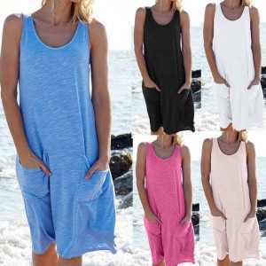 Women Casual Solid Color O Neck Sleeveless Pockets Loose Beach Dress Sleeveless Party Beach Dress 