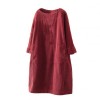 Spring Autumn Solid Color Long Sleeve O Neck Corduroy Pockets Loose Midi Dress Party Dresses