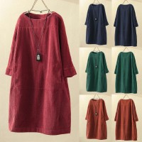 Spring Autumn Solid Color Long Sleeve O Neck Corduroy Pockets Loose Midi Dress Party Dresses