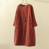 Spring Autumn Solid Color Long Sleeve O Neck Corduroy Pockets Loose Midi Dress Party Dresses