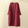 Spring Autumn Solid Color Long Sleeve O Neck Corduroy Pockets Loose Midi Dress Party Dresses