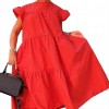 Women Casual Solid Color O Neck Ruffled Short Sleeve Large Hem A Line Midi Dress Summer Dresses 