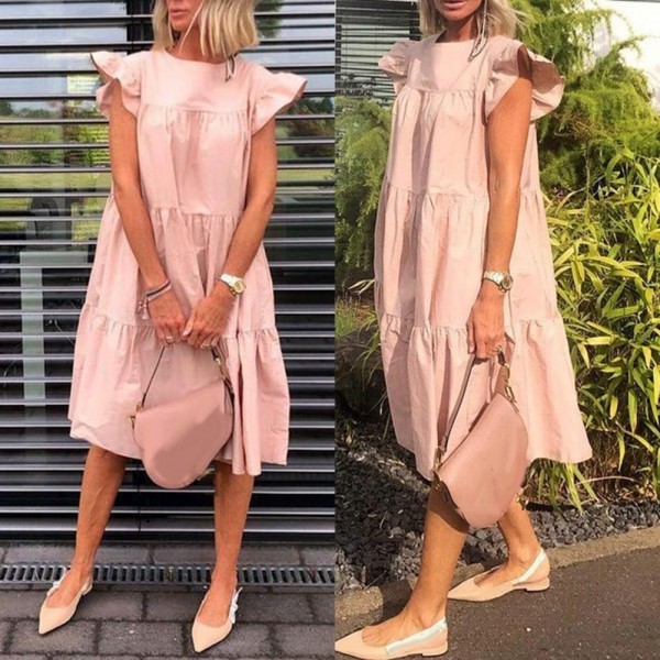 Women Casual Solid Color O Neck Ruffled Short Sleeve Large Hem A Line Midi Dress Summer Dresses 