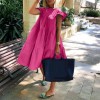 Women Casual Solid Color O Neck Ruffled Short Sleeve Large Hem A Line Midi Dress Summer Dresses 