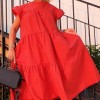 Women Casual Solid Color O Neck Ruffled Short Sleeve Large Hem A Line Midi Dress Summer Dresses 