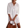Elegant Women Solid Color V Neck Long Sleeve Pocket Button Loose Long Shirt Mini Dress
