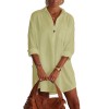 Elegant Women Solid Color V Neck Long Sleeve Pocket Button Loose Long Shirt Mini Dress