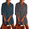 Elegant Women Solid Color V Neck Long Sleeve Pocket Button Loose Long Shirt Mini Dress