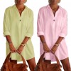 Elegant Women Solid Color V Neck Long Sleeve Pocket Button Loose Long Shirt Mini Dress