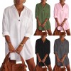 Elegant Women Solid Color V Neck Long Sleeve Pocket Button Loose Long Shirt Mini Dress