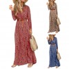 2021 Elegant Boho Women V Neck Long Sleeve Paisley Print Belt High Split Party Maxi Dress