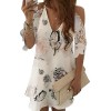 Women Sexy V Neck Pineapple Floral Print Cold Shoulder Lace A Line Beach Dress 