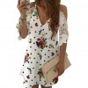 Women Sexy V Neck Pineapple Floral Print Cold Shoulder Lace A Line Beach Dress 