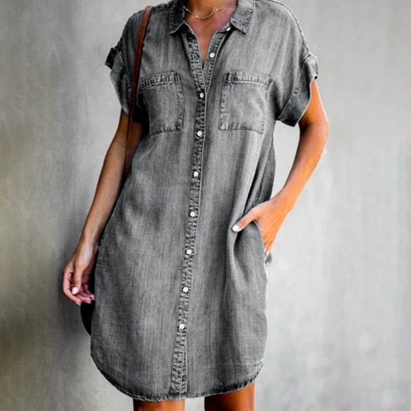 Women Summer Fashion Shirt Dress Irregular Hem Knee-Length Loose Dresses Women's Jean Dress