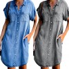 Women Summer Fashion Shirt Dress Irregular Hem Knee-Length Loose Dresses Women's Jean Dress