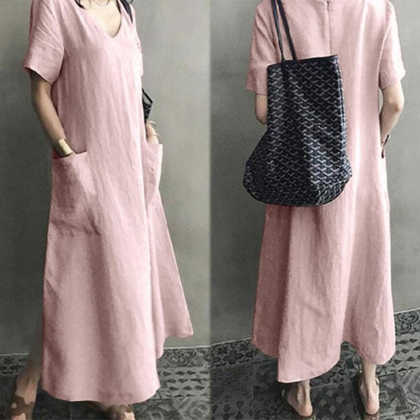 New S-4XL Women Dress Casual Solid Color Short Sleeve Loose Long Dress Women Ladies Fashion