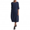 Vintage Summer Women Solid Color O Neck Half Sleeve Linen Soft Loose Midi Dress