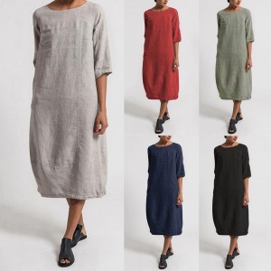 Vintage Summer Women Solid Color O Neck Half Sleeve Linen Soft Loose Midi Dress