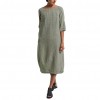 Vintage Summer Women Solid Color O Neck Half Sleeve Linen Soft Loose Midi Dress