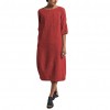 Vintage Summer Women Solid Color O Neck Half Sleeve Linen Soft Loose Midi Dress