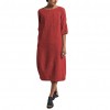 Vintage Summer Women Solid Color O Neck Half Sleeve Linen Soft Loose Midi Dress