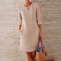 M-3XL Women Casual Vestidos  Dress  Summer Round Neck Long Sleeve Buttons Dress Plus Size Beach Dresses